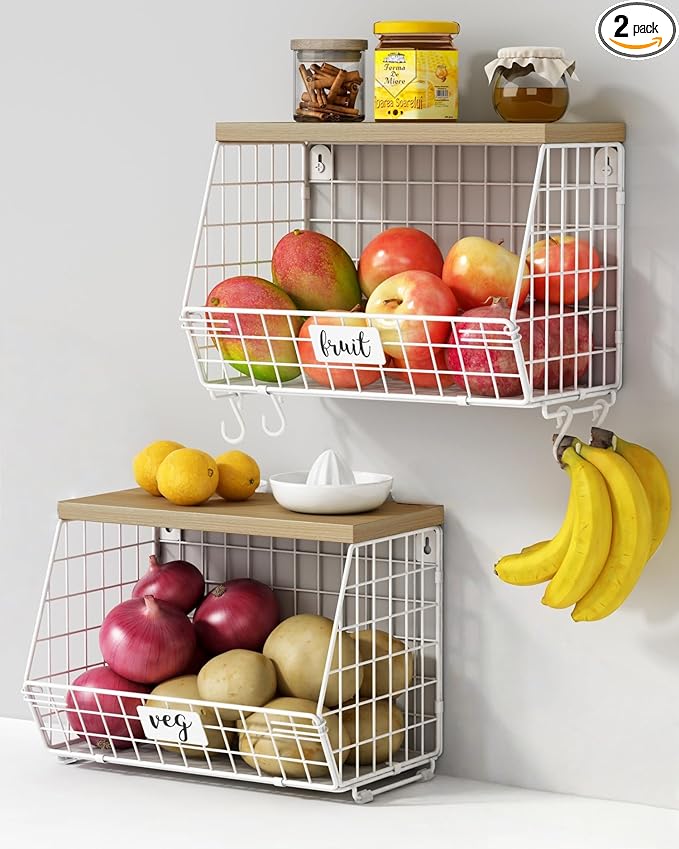 White Fruit Storage Basket for Kitchen Counter Set of 2, Wall Mount Wire Fruit