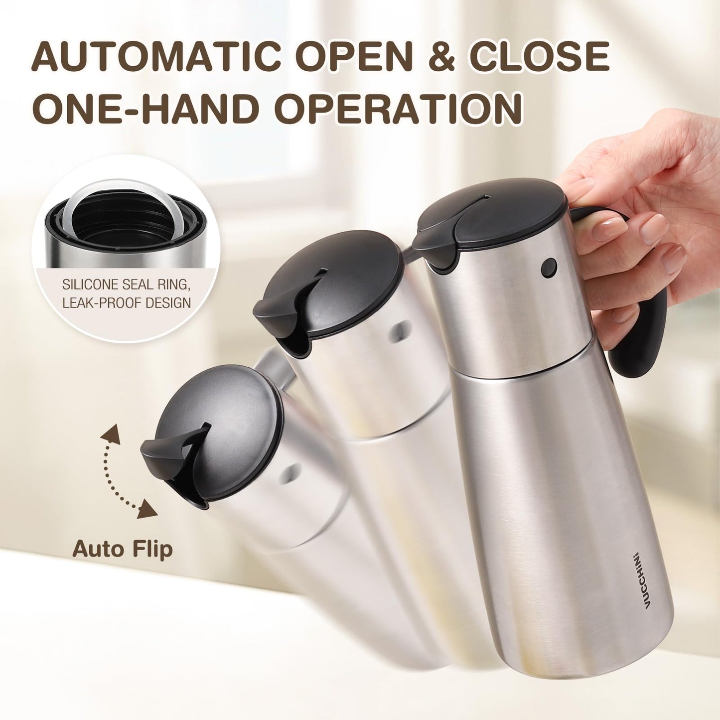 Vucchini Oil Dispenser Bottle Stainless Steel-Auto Flip Kitchen Oil and Vinegar Dispenser Set With Automatic Cap and Stopper - 12.8 oz Non-drip Spout Cruet Bottle