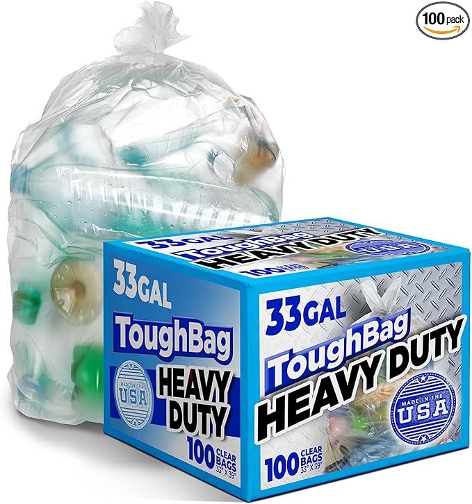 ToughBag 30-33 Gallon Clear Trash Bags Recycling Bag, Garbage Can Liners –