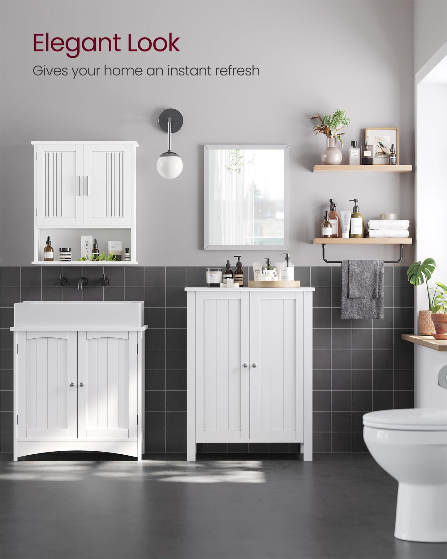 VASAGLE Freestanding Bathroom Floor Storage Cabinet, Storage Cupboard, Bathroom Storage Unit, with 2 Adjustable Shelves, 30 x 60 x 80 cm, White BCB60W