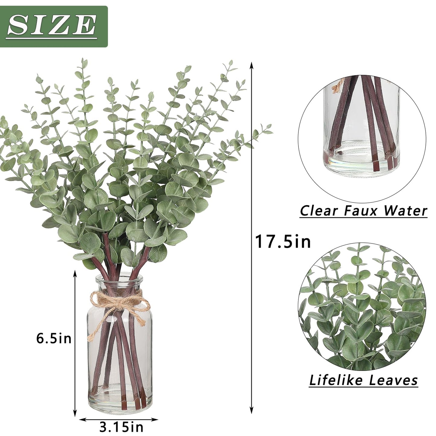 VIERENA 17.5" Artificial Eucalyptus Stems in Glass Vase with Faux Water,Fake Plant Eucalyptus Leaves White Seeds for Centerpiece Table Decorations Farmhouse Wedding Home Greenery Decor (Sage Green)