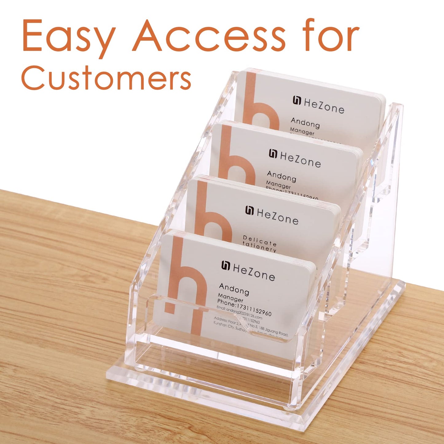 Business Card Holder for Desk Clear Acrylic Business Cards Stand Organizer Business Card holder 4 Slots 4 Tier Tilt Angle Business Card Display Rack-1 Pack