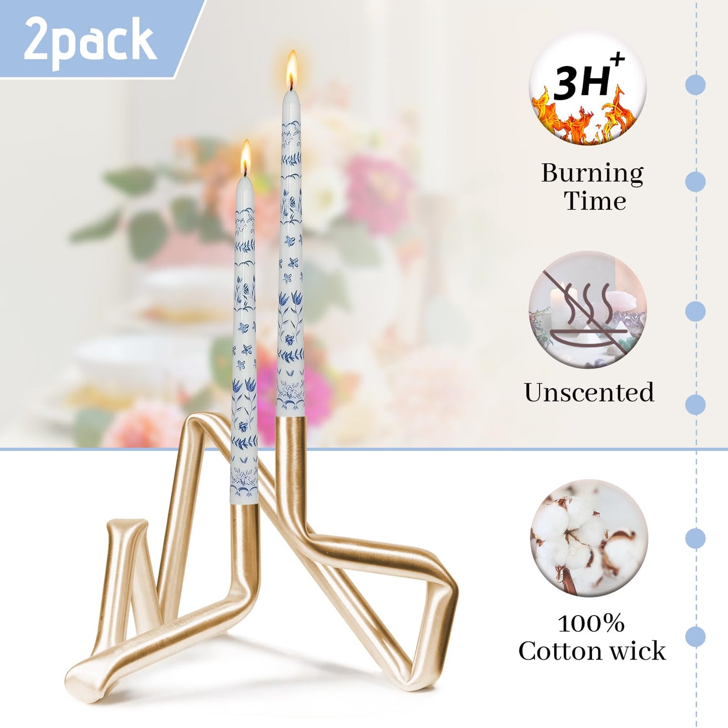 Chinoiserie Printed Taper Candle White with Blue Pastoral Floral Candlesticks 10 Inch Drip Handmade Long Tapered Candles, Set of 2 for Wedding & Home Decor Gifts