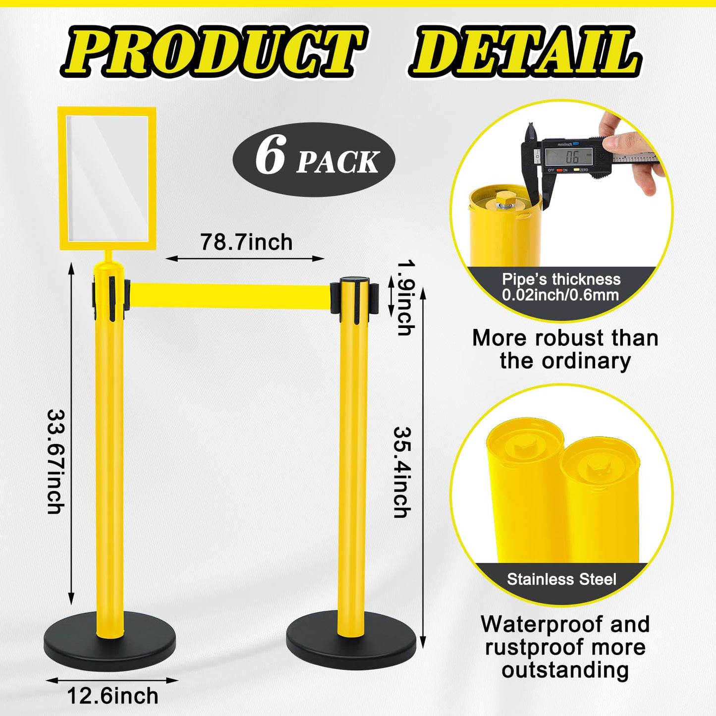 Therwen 6 Pack Heavy Duty Crowd Control Stanchions 9.8 ft Stainless Steel Stanchion Set with Safety Barrier Post Retractable Belt and Sign Holder Crowd Control Barrier(Yellow Belt, Yellow)