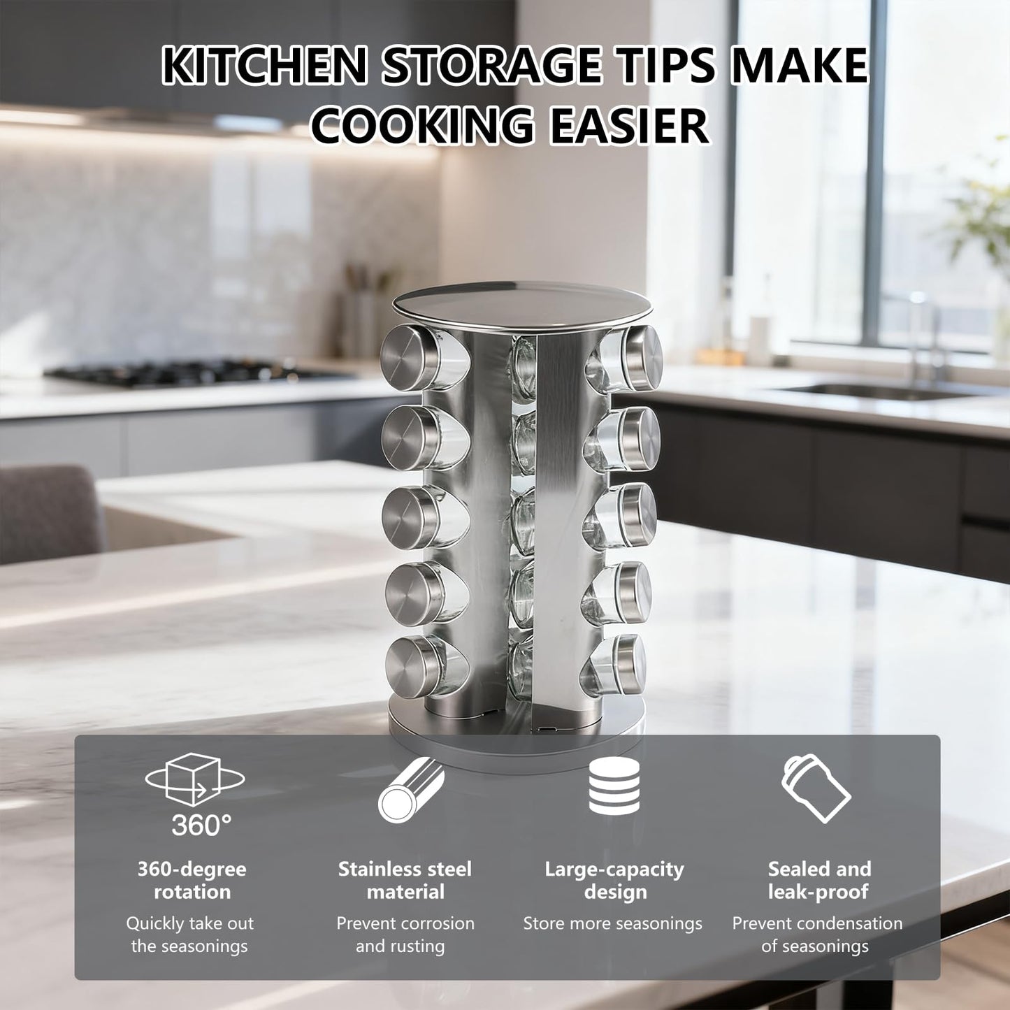 Wintline 20-Jar Revolving Spice Rack, Stainless Steel Seasoning Organizer for Cabinet or Countertop, with Black Caps