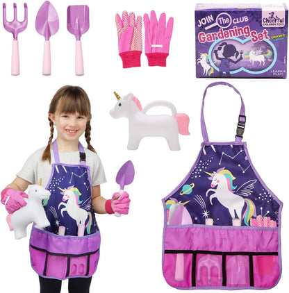 Cheerful Children Toys Kids Gardening Set – Gardening Tools for Kids with Watering Can, Shovels, Rake, Gloves & Apron – Planting Outdoor Activity for Ages 3-7, Unicorn Themed Gardening Set for Girls