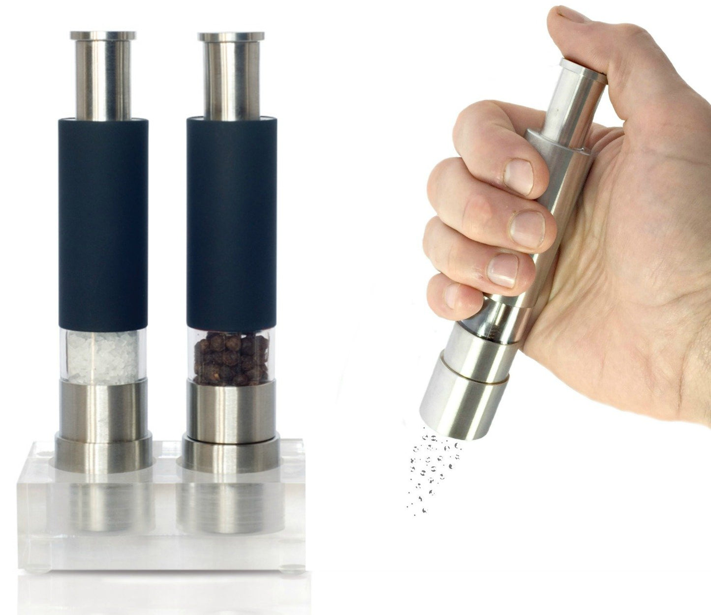 Grind Gourmet Salt and Pepper Grinder Set, Refillable, Pump & Grind, Thumb Press (Reflex Black Set)