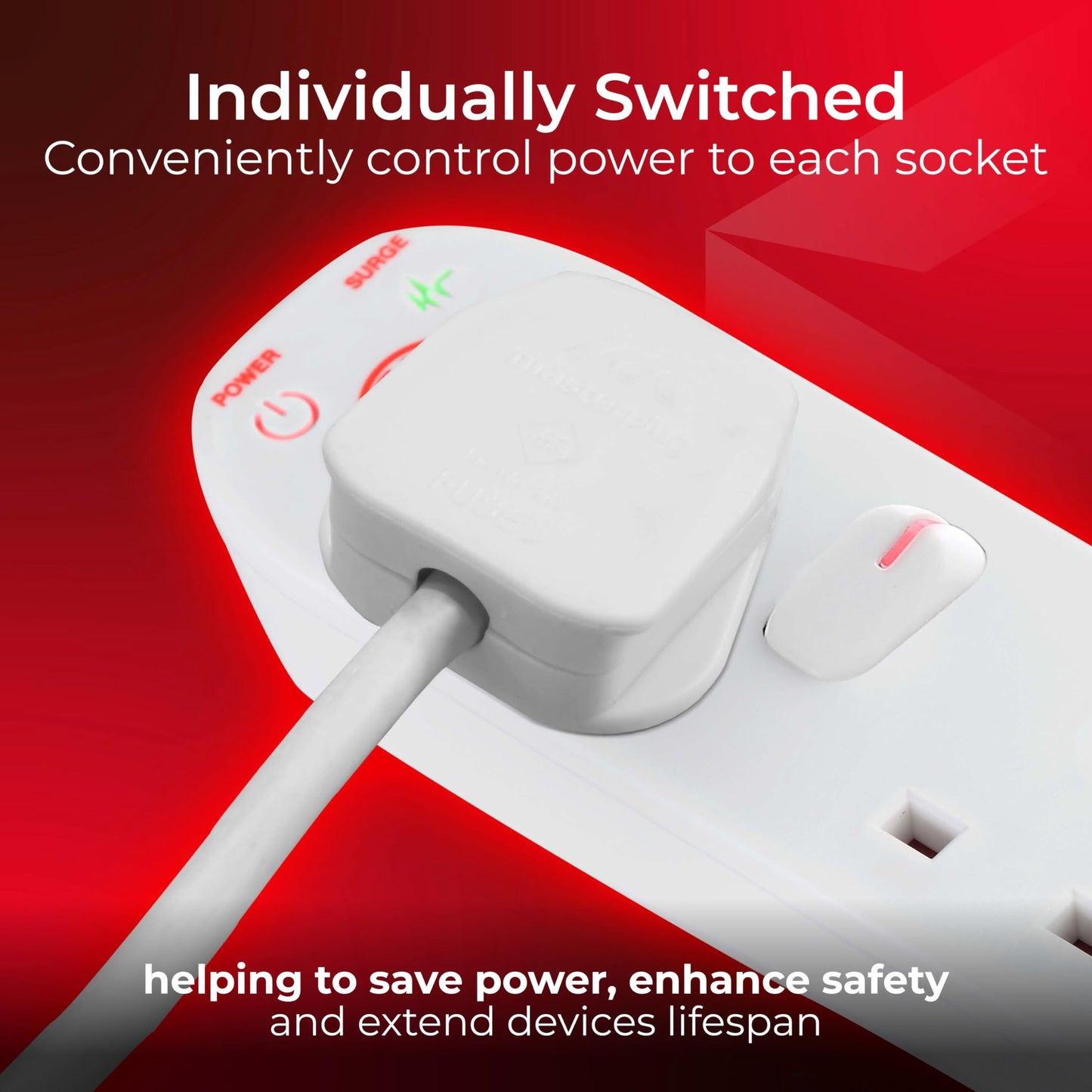 Masterplug Six Socket Extension Lead, Surge Protection, Individual Switches, Power and Surge LED Indicators, 2 Metre Cable, 6-Way Plug Extension Cable, Power Strip, White, 13A, 6G, 2m, SWSRG6210N