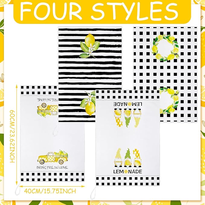 Bencailor 4 Pcs Lemon Kitchen Towels Lemonade Dish Towels Gnome Black and White