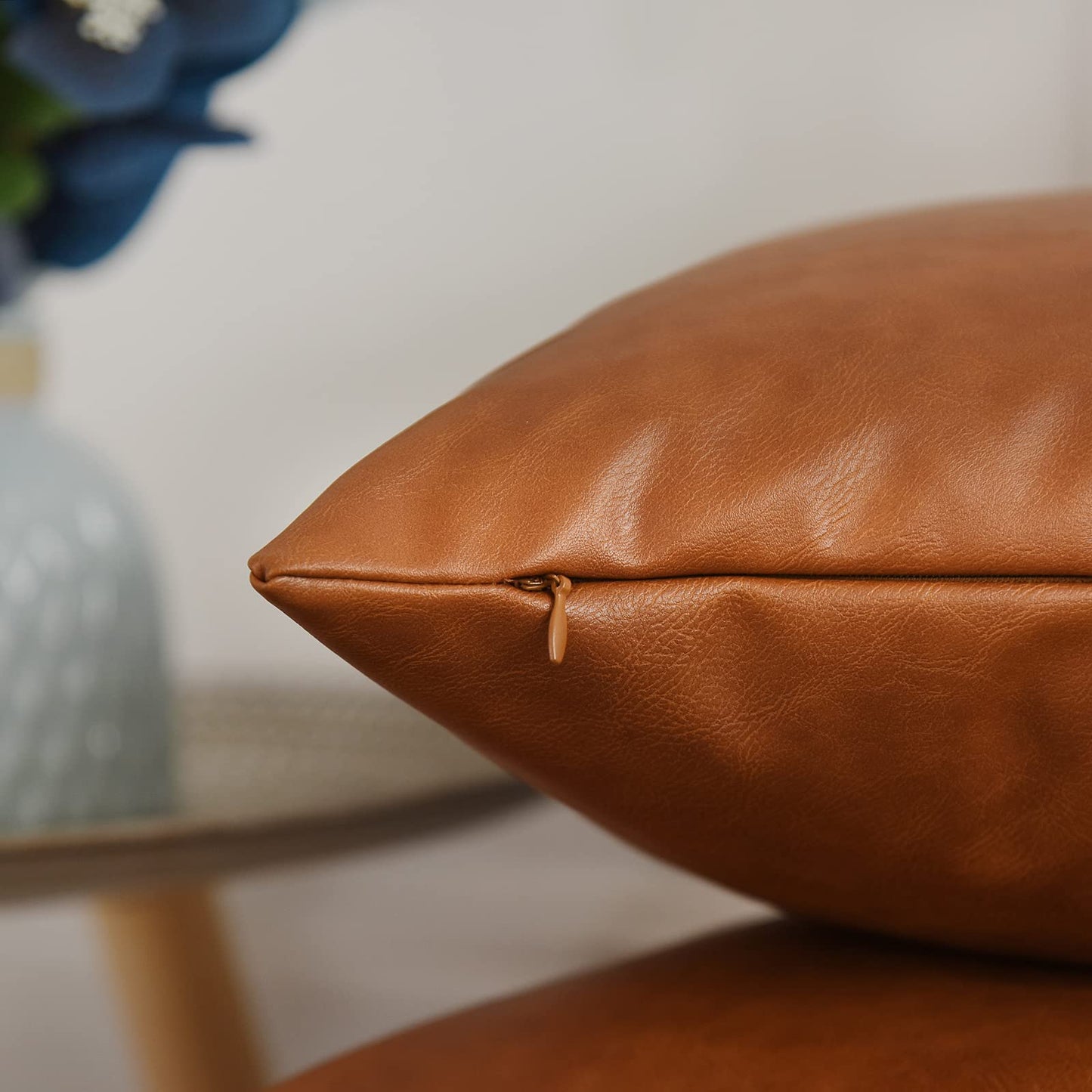 Tosewever Faux Leather Throw Pillow Covers, 18 x 18 inch Set of 2 Luxury Cognac Brown Modern Pillowcases Solid Decorative Square Cushion Cases for Bedroom Living Room Couch Bed Sofa (Brown, 18" x 18")