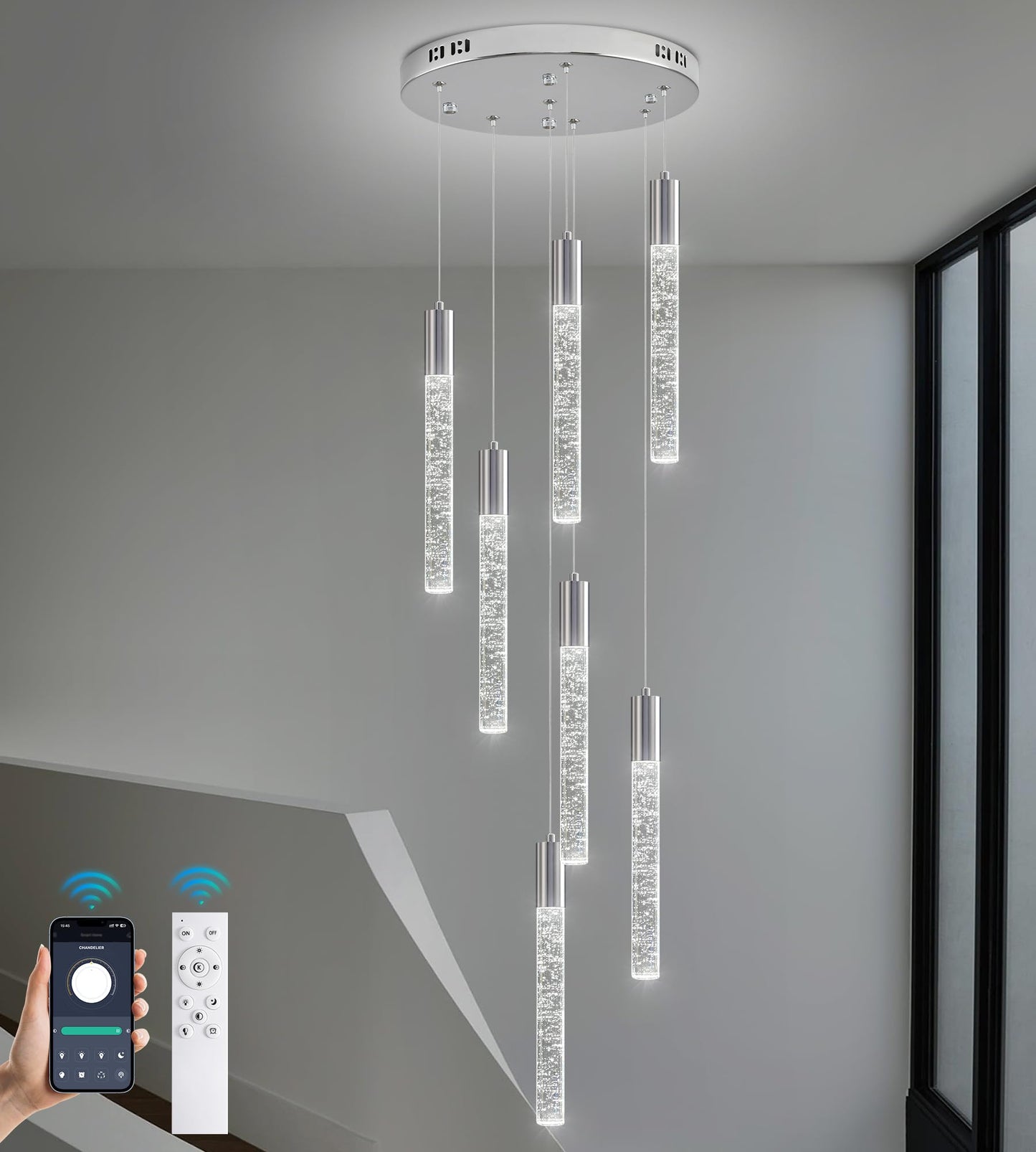 Upfelw Modern High Ceiling Crystal Chandelier 7-Lights, Spiral LED Raindrop Foyer Pendant Lighting, Bubble Staircase Living Room Hanging Light Fixture Flush Mount Chrome