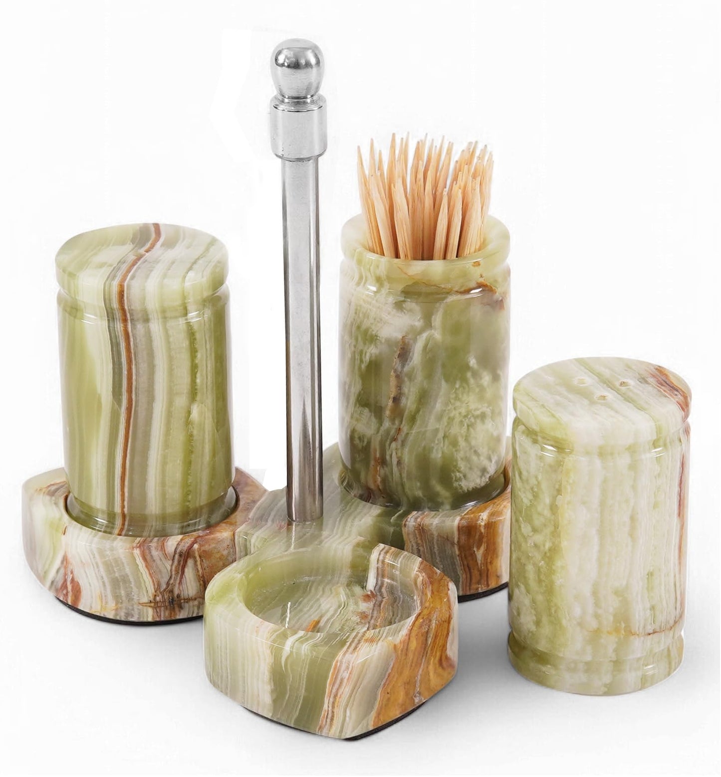 Marble Salt and Pepper Shakers Set of 3 – Handmade Green Onyx 0.8 oz Salt & Pepper Dispenser with Tray, Modern Tabletop Seasoning Set for Kitchen Countertop & Dining Decor, Easy Refill