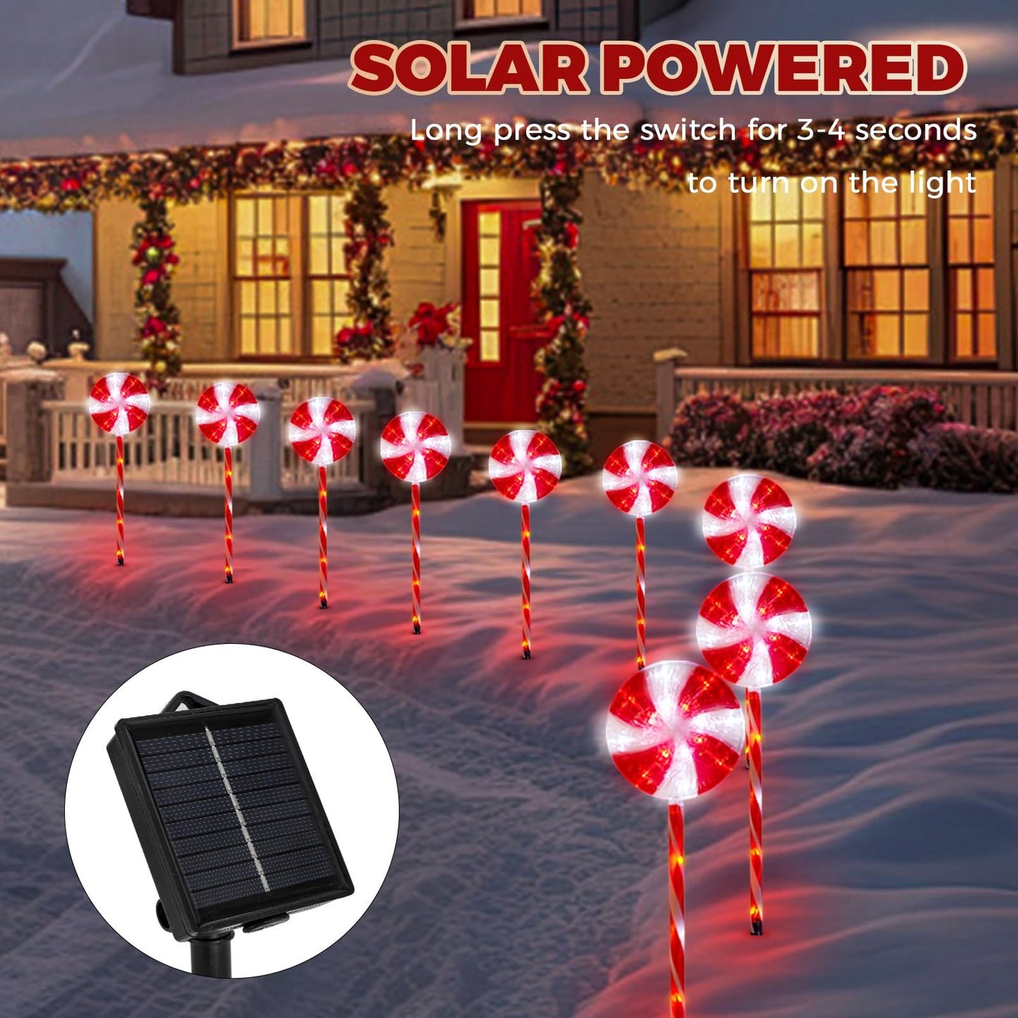 Outdoor Christmas Decorations Solar Pathway Lights, Set of 10 Lollipops Peppermint Stake Lights, 8 Modes Candy Cane Walkside Lights, Outdoor Xmas Decoration for Walkway,Yard (10PCS-Red)