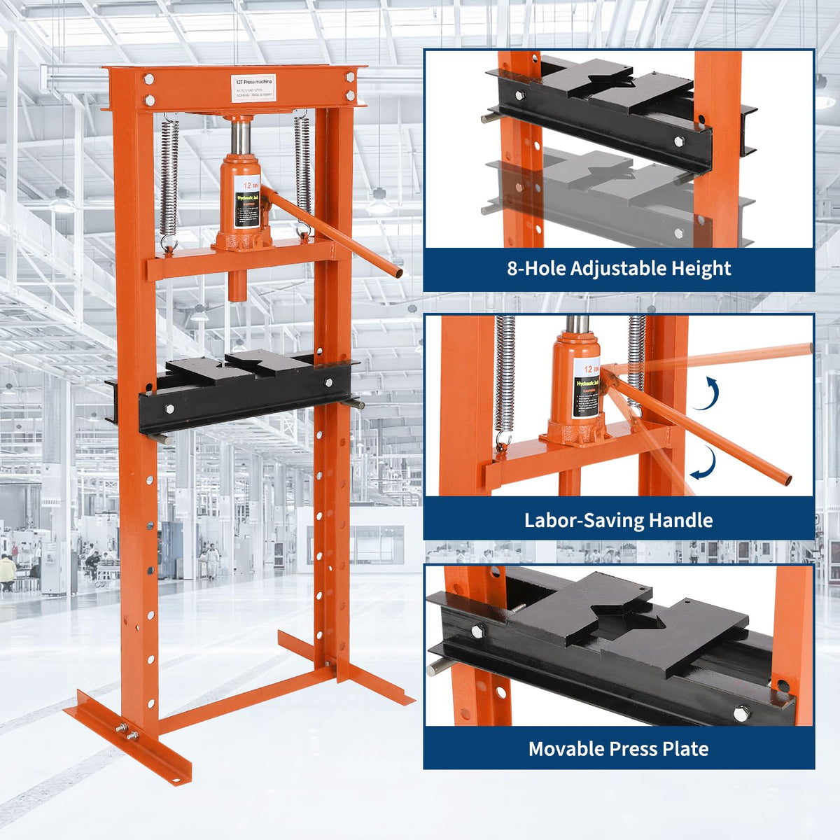 Garvee Hydraulic Shop Press, 12 T H-Frame Garage Floor Shop Press Adjustable Hydraulic Press with Press Plates, Orange