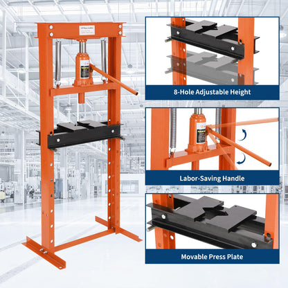 Garvee Hydraulic Shop Press, 12 T H-Frame Garage Floor Shop Press Adjustable Hydraulic Press with Press Plates, Orange