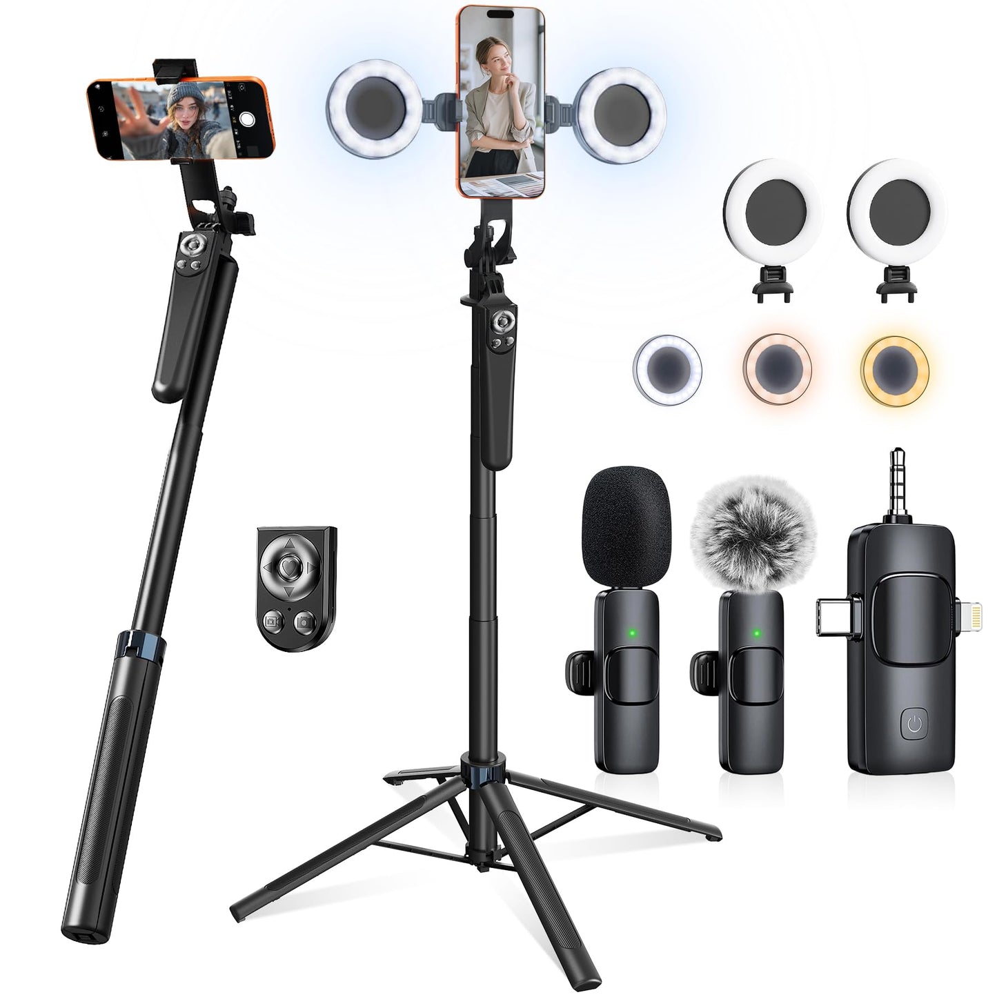 Content Creator Essentials Vlogging Kit for iPhone, 71" Tripod for iPhone Video Recording with Light, Wireless Microphones, Remote, Selfie Stick Phone Stand for TikTok, YouTube