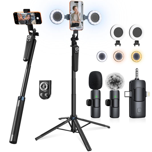 Content Creator Essentials Vlogging Kit for iPhone, 71" Tripod for iPhone Video Recording with Light, Wireless Microphones, Remote, Selfie Stick Phone Stand for TikTok, YouTube