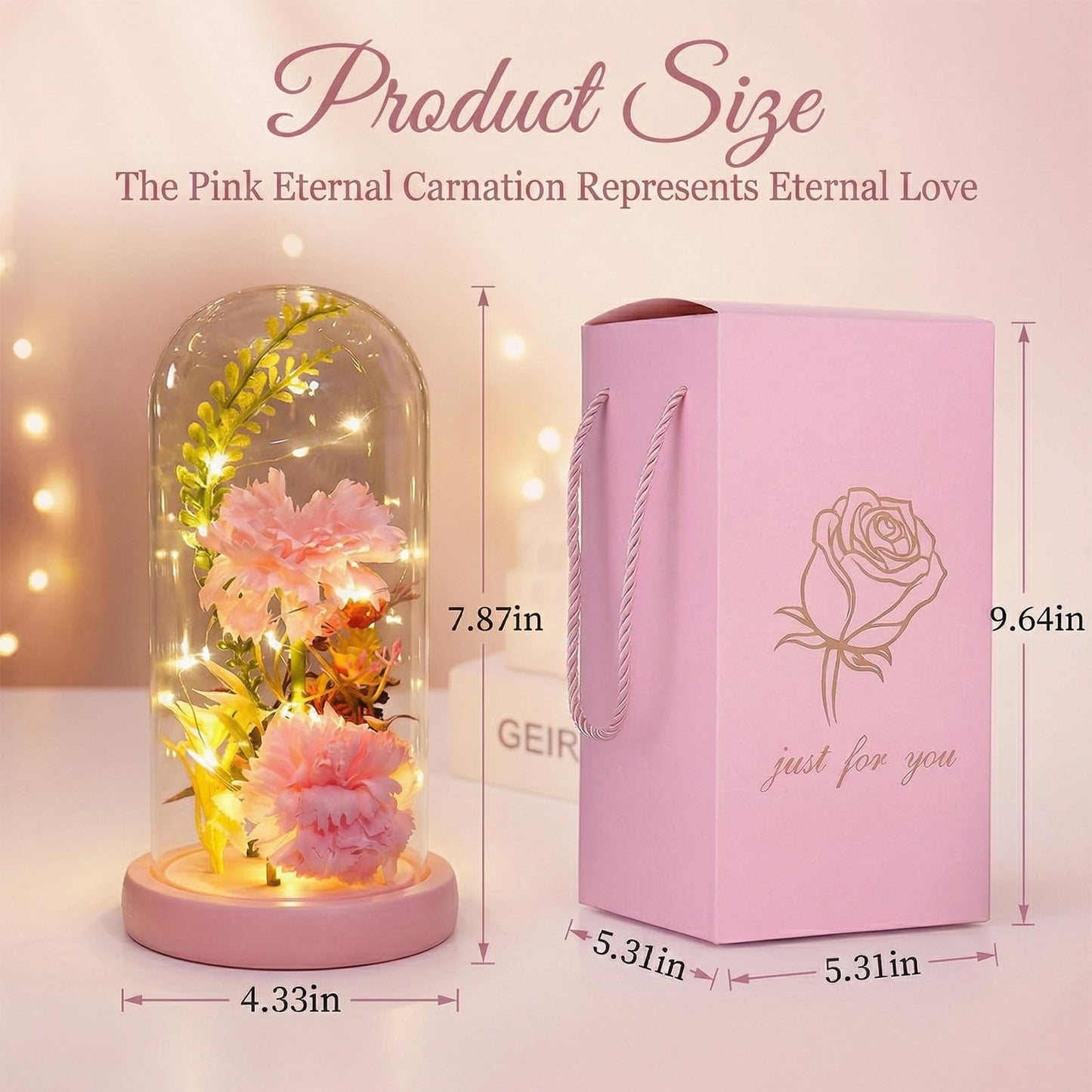 Strackvial Galaxy Glass Carnation Forever Preserved Flower with Light, Valentines Day Birthday Gift for Women, Mom, Wife, Girlfriend, Light Up Carnation in Glass Dome for Mothers Day