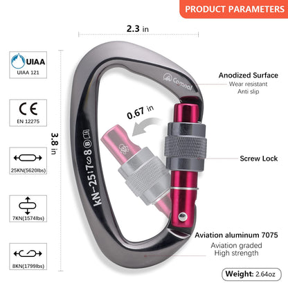 CAMNAL Heavy Duty Carabiner UIAA Certified Locking Carabiner 25KN (About 5620 lbs) Screw Lock Carabiner D Shape Carabiner Clip for Rock Climbing, Mountaineer, Aerial Work