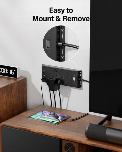 Surge Protector Power Strip 4800J, LeZone 10Ft Long Extension Cord Flat Plug, 12 Outlets 2 USB C 2 USB Ports, Wall Mountable, 20W Desk Charging Station, Black