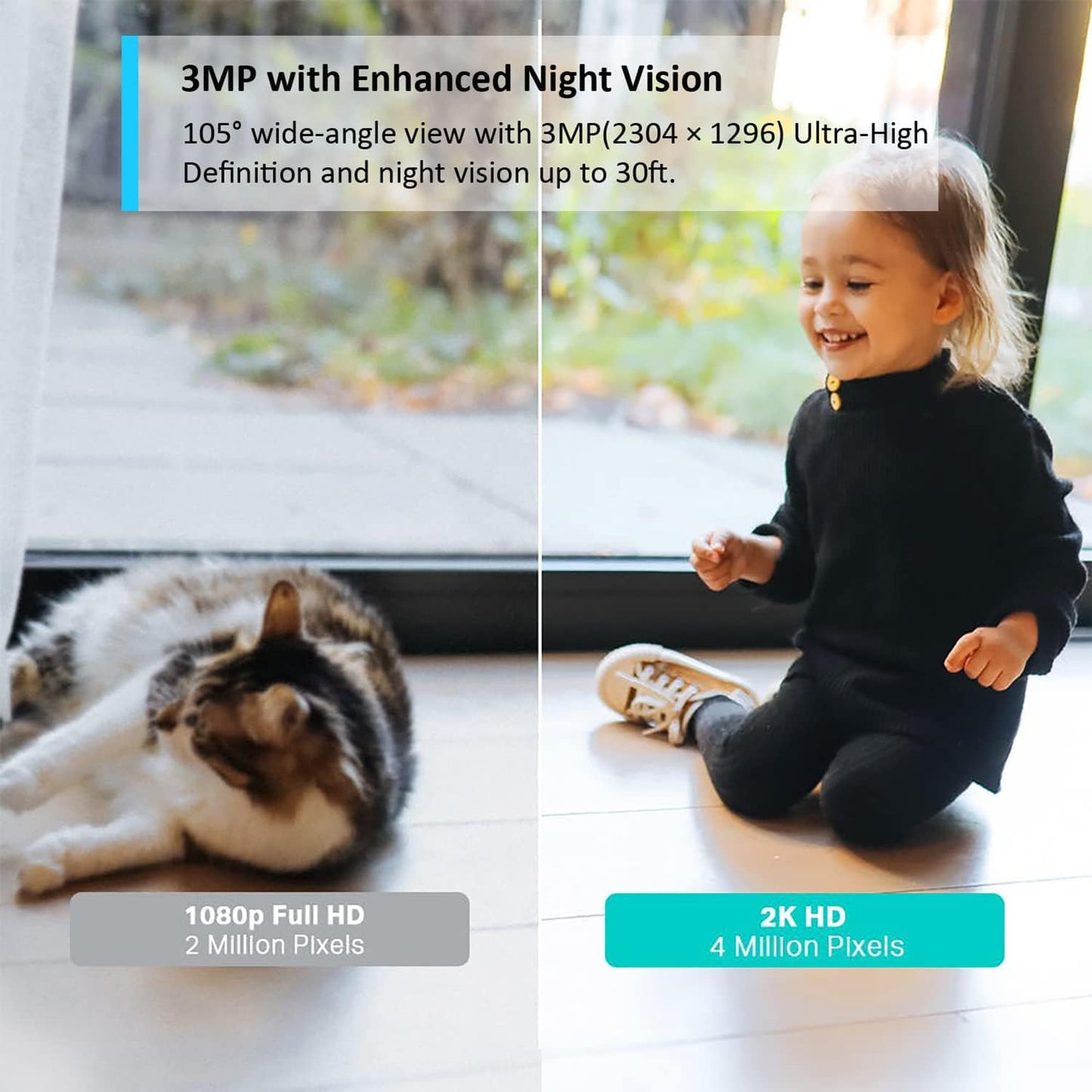 Tapo C110 2K 3MP Indoor Camera House Security, WiFi, No Monthly Fee, AI Detection, Dog Puppy, Baby Monitor, 2-way Talk, Advanced Night Vision, Works with Alexa & Google