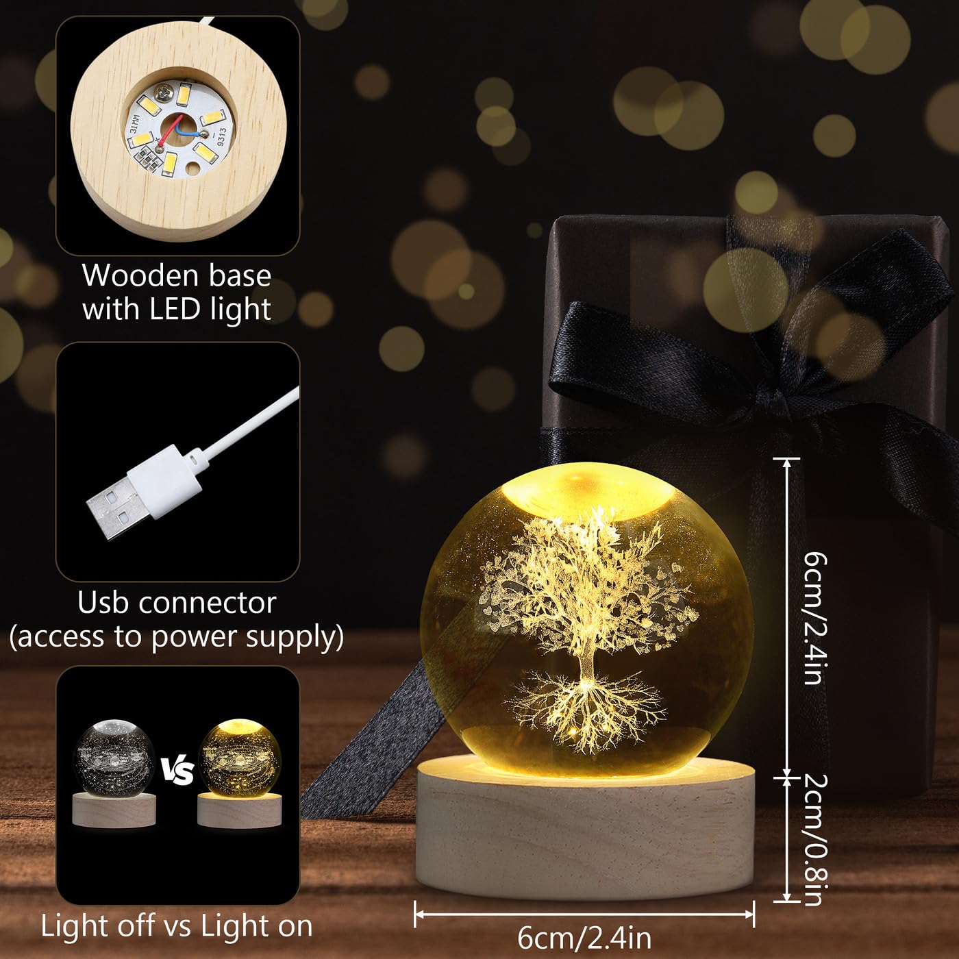 MAIBAOTA 3D Tree of Life Decor 2.4 Inches Crystal Ball Crystal Tree of Life Meditation Spiritual Gifts for Women Glass Figurines Sphere
