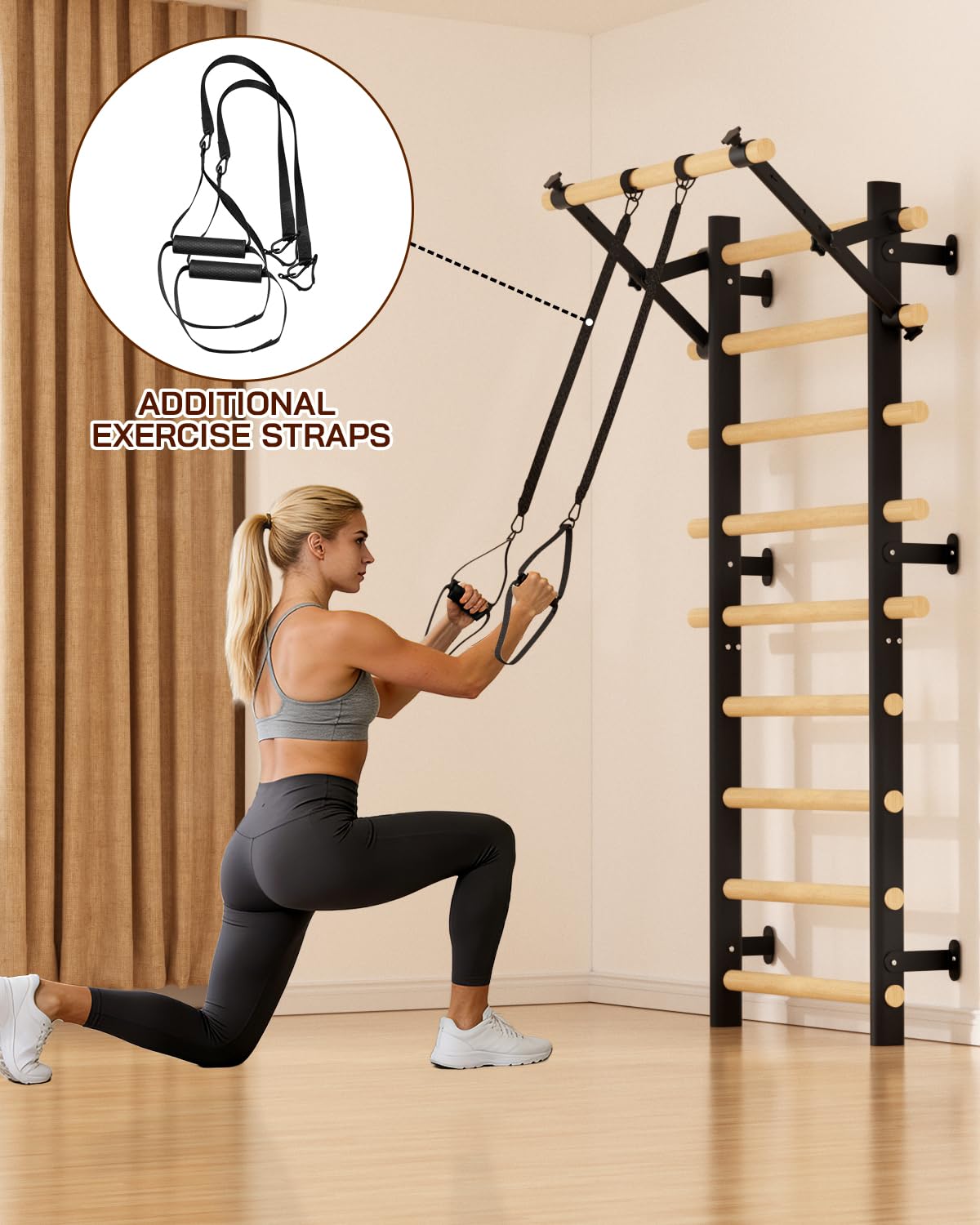 Cofiyard Swedish Ladder Wall Gym, Wooden Wall-Mounted Stall Bars with Pull-up Bar & Exercise Straps & Dip Bars, Stretching Ladder Full Body Home Gym Adults New