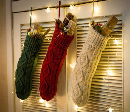Fesciory Christmas Stockings, 3 Pack 18 Inches Cable Knitted Large Size Stocking Gifts & Decorations for Family Holiday Xmas Party (Burgundy&Ivory White and Green 18in)