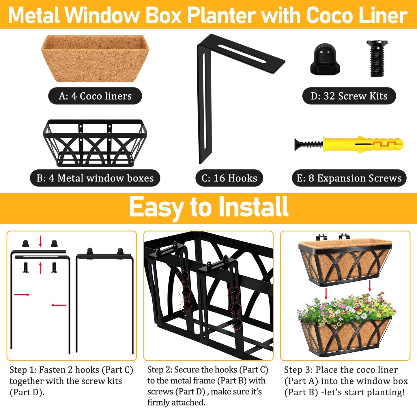Riare 4 Pack 16 Inch Metal Railing Planter Window Box with Coco Liner- Adjustable Window Flower Boxes for Railings, Hanging Rail Planters for Deck, Balcony, Porch, Fence, Indoor Outdoor Plants