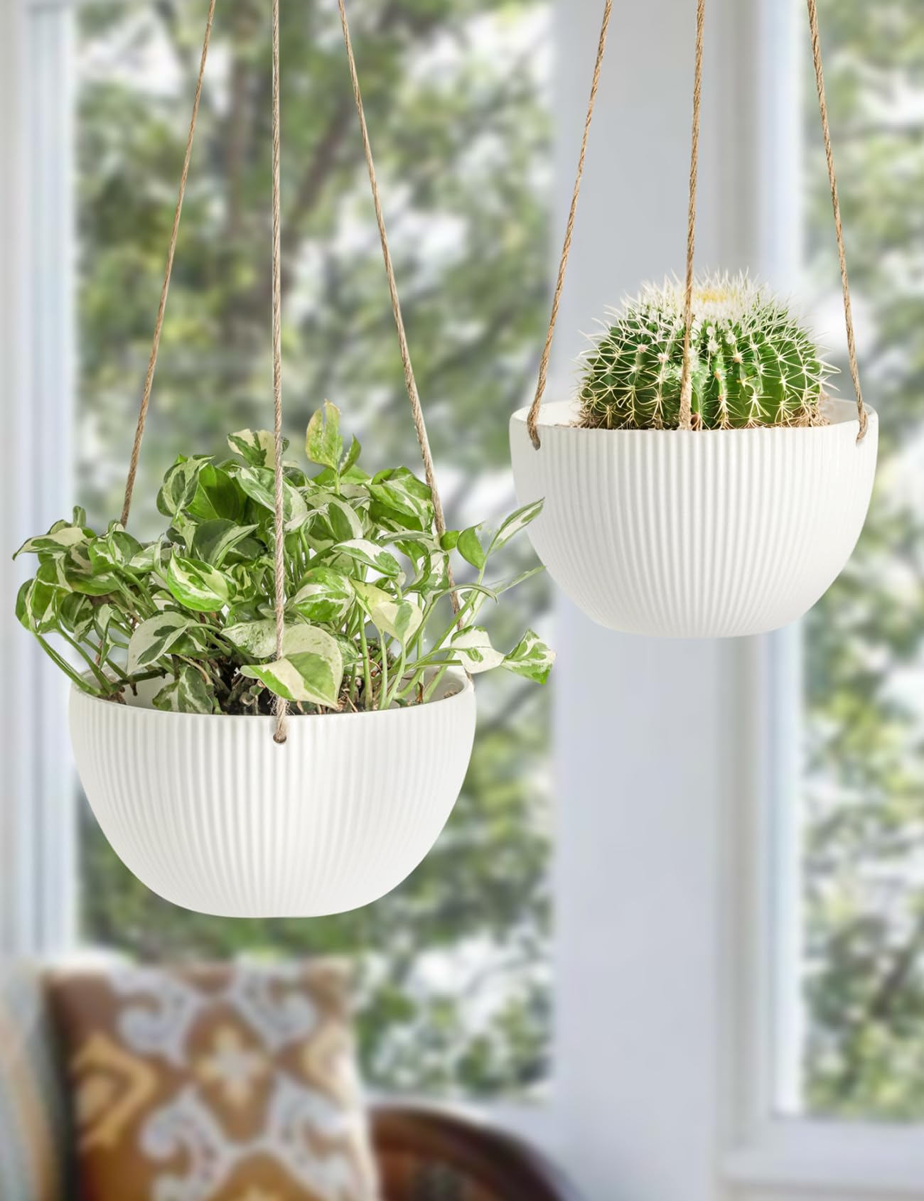 UBEE Ceramic Hanging Planters Indoor Outdoor, 7.5 Inch + 6.5 Inch Hanging Flower Pot for Plants Hanging Basket for Succulent Pothos Herbs Window Home Decor, 2 Pack, White