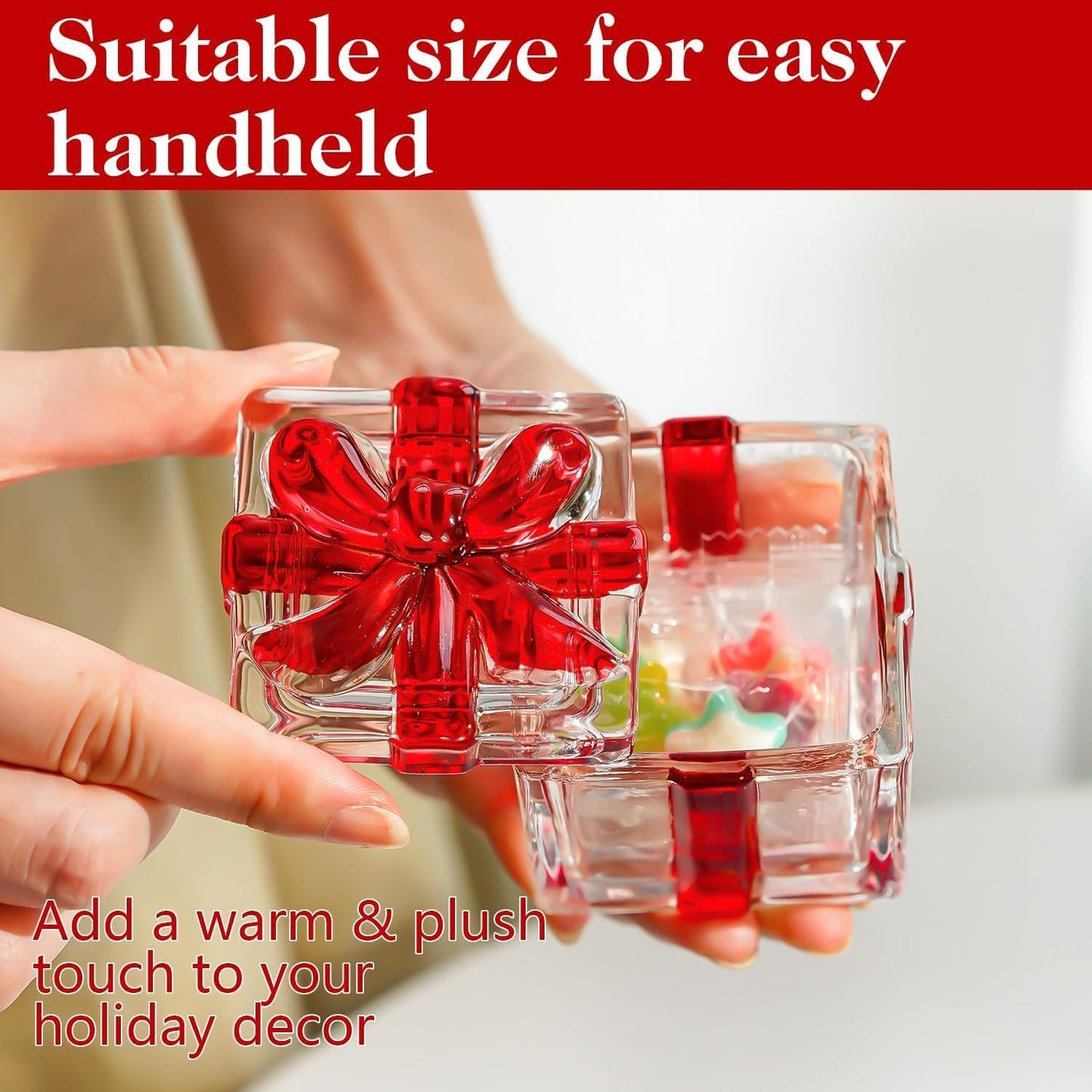 kanpura 2 Pcs Christmas Candy Jar with Lid 2.6" Red Square Crystal Candy Dishes for Xmas Peppermint Party