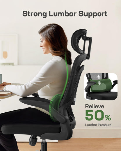 Marsail Ergonomic Office Chair with Adjustable Lumbar Support, High Back Desk Chair with 2D Headrest & Flip-Up Armrests Gaming Computer Task Chair Tilt Function Black