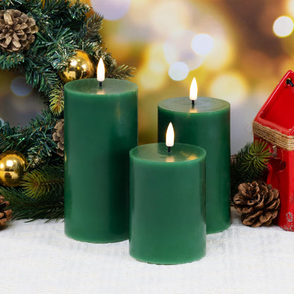 Eywamage Green Christmas Flameless Pillar Candles with Remote, Flickering Battery Operated LED Wax Candles Set of 3