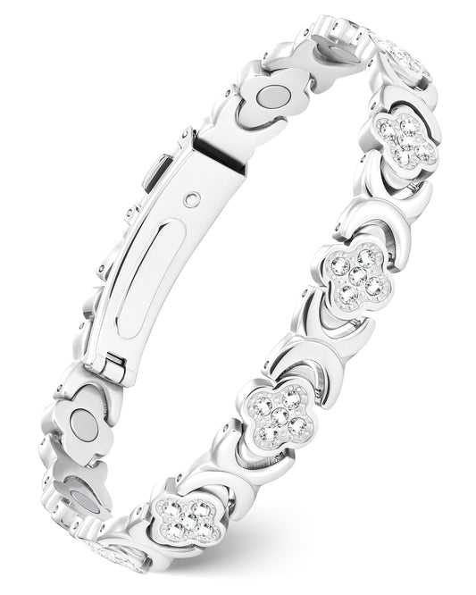 Feraco Pure Copper Bracelets for Women, Ultra Strength Magnetic Bracelet with 3800 Gauss Magnets & Sparkling Zirconia, Adjustable, Infinite Clover Jewelry (Silver)
