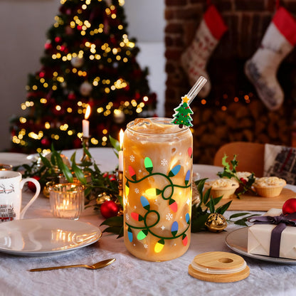 Joyseller Christmas Gifts, 18oz Color Changing Christmas Lights Iced Coffee Can Glass, X-mas Glass Cup with Lid and Straw, Holiday Tumbler