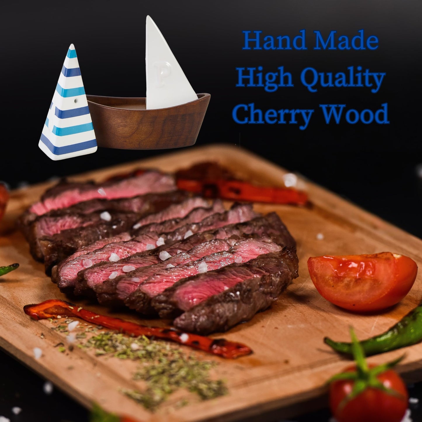 UNEAK -Handcrafted Ceramic Cute Sailboat Salt And Pepper Shaker with Cherry Wood Base/Boat Elegant (2 Pcs Set) Gift Shakers Set Compact Cooking, Kitchen and Dining Room, Classic, Refillable