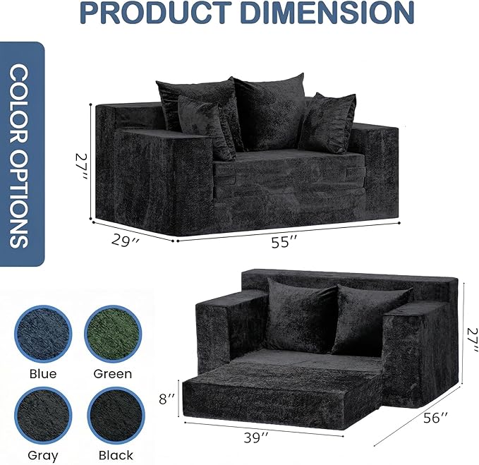 Boneless Loveseat Sleeper Sofa Bed, 3-in-1 Convertible Sofa Bed and Floor Futon