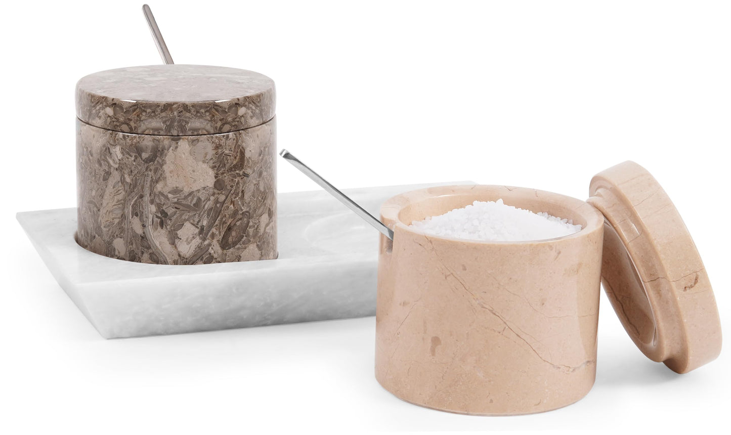 Radicaln Marble Salt Cellar with Lid and Tray 3" Inch Oceanic & Verona Handmade Set of 2 Seasoning Jars For Kitchen Storage, Ideal Table Sugar Bowl & Salt Dish For Countertop