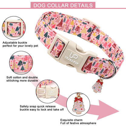 UP URARA PUP Christmas Dog Collar, Pink Christmas Tree for Dogs, Adjustable Pet Collar with Cute Xmas Tree Pendant, Festive Winter Dog Accessories for Small Medium Large Dogs M