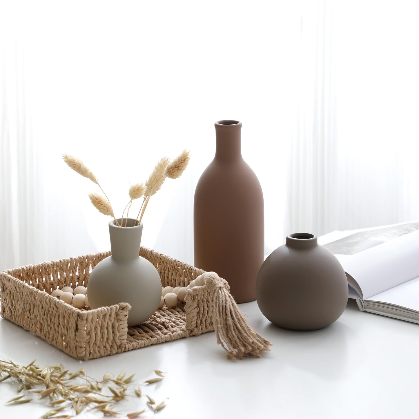 Ceramic Vase Set of 3, Vases Home Decor Rustic Farmhouse Decorative Vase Pottery Vases for Bouquet Pampas Grass Dried Fresh Flowers, Table Living Room Kitchen Bedroom Bathroom - Brown