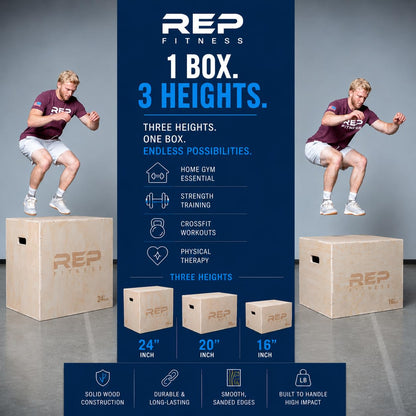 Rep Plyometric Wood Jump Box | CrossFit & Strength Training | 24/20/16 Wooden Step Platforms | Gym & Sports Workouts | Fitness, Exercise, Physical Therapy Equipment | Pro Conditioning Tool