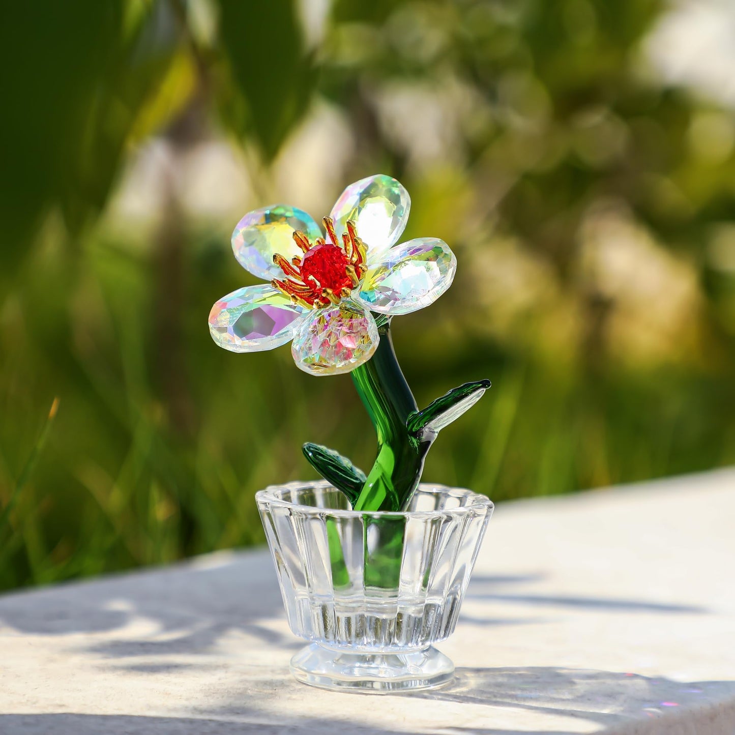 KRISININE Crystal Peach Blossom Mini Ornament Figurine 2.9 * 1.5in Glass Flower Decoration for Home Office for Mom