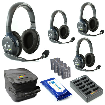 Eartec UL4S Ultralite Full Duplex Wireless Headset Communication for 4 Users - 4 Single Ear Headsets with SolidSignal Cleaning Wipes Bundle