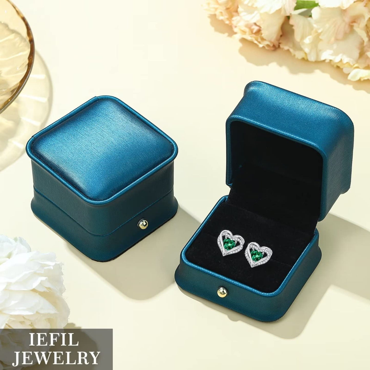 Iefil Earrings for Women, 925 Sterling Silver March Birthstone Blue Aquamarine Heart Stud Earrings for Women