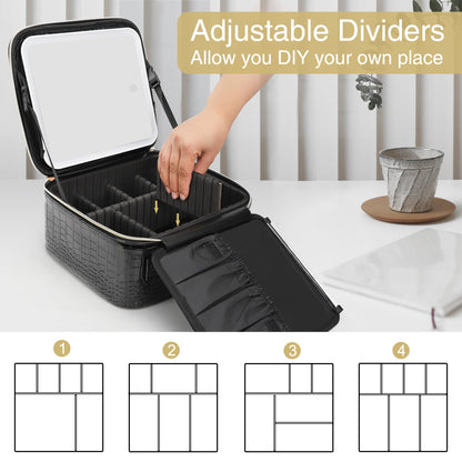 Relavel Travel Makeup Bag With LED Mirror, Cosmetic Train Case with Light up Mirror, Portable Makeup Artist Organizer Bag with Adjustable Dividers, Makeup Brush Holder Storage, Black