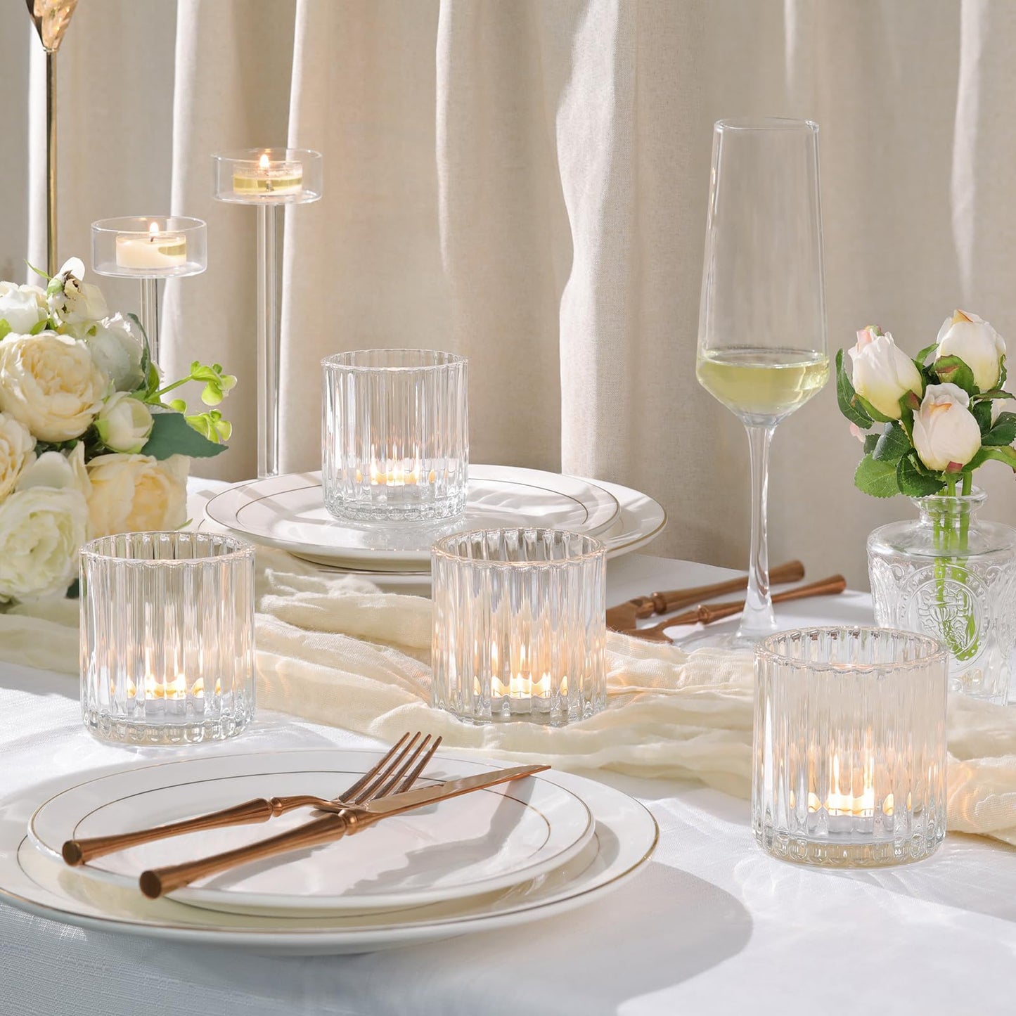 Lanttu 8 Pcs Glass Large Votive Candle Holders, 2.89 * 3.08in Tea Lights Candle Holders for Wedding Table Centerpieces, Boho Home Dinner Birthday Party Decor, Bridal Shower Holiday Decorations