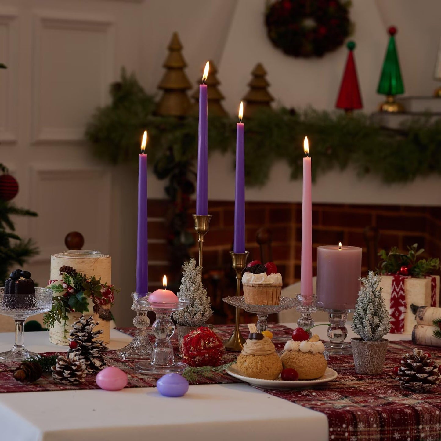 Pickood 10-Inch Tall Dripless Advent Candles Set of 12, Tapered Candles, Perfect for Christmas - Smokeless, Unscented, Long Burning - Hand Poured, Colored Tall Candlesticks - Pink and Purple