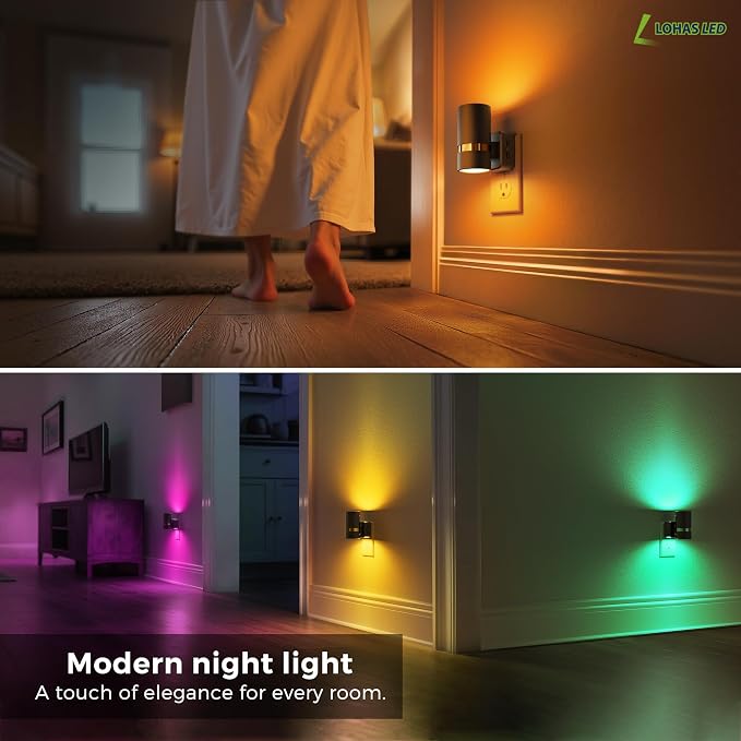 L LOHAS LED Night Light, 10-Color Changing Night Light with 180° Rotatable Plug, RGB Nightlight with Dusk to Dawn Sensor, Adjustable Brightness, Plug in Nightlight for Kids Bedroom Decor, 2 Pack