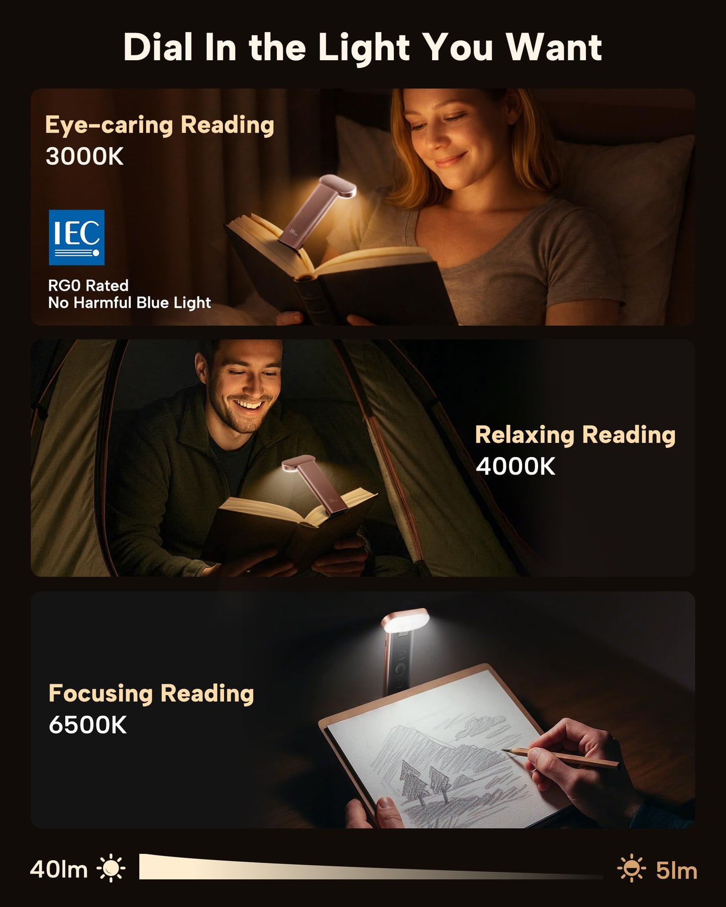 86lux Book Light, Reading Light for Book in Bed, USB Rechargeable LED Night Light with 3 Colors & Stepless Dimming, Aluminum Alloy Bookmark Light for Book Lovers, Rose Gold