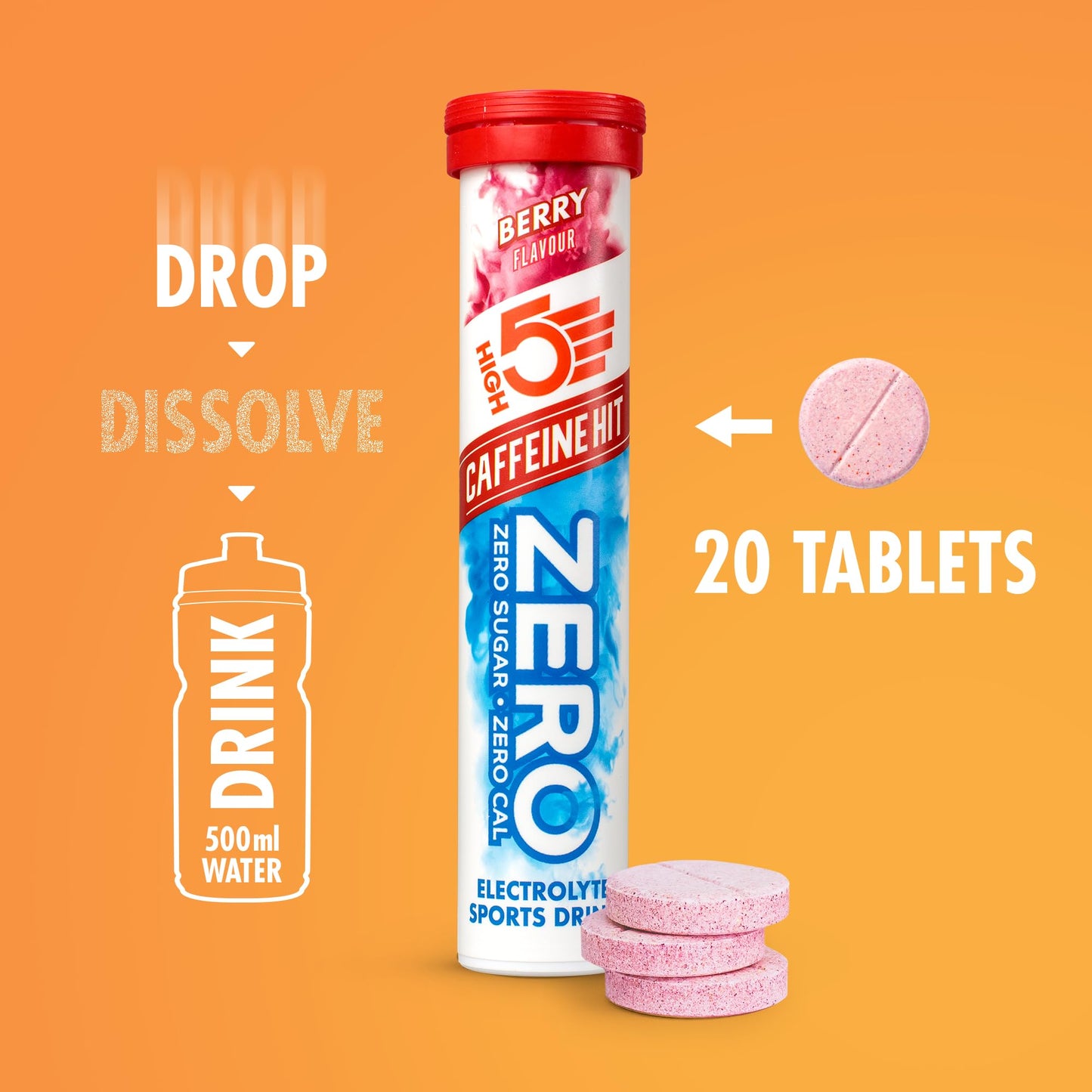 HIGH5 ZERO Caffeine Hit ElectrolyteTablet - Hydration Tablets Enhanced with Vitamin C - 0 Calories & Sugar Free - Boost Hydration, Performance & Wellness - Berry, 160 Tablets (20x, Pack of 8)